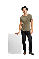 Image showing Man, portrait and poster mockup in studio for advertising space, information note or marketing. Male person, billboard placard or white background or signage for recommendation, promo or presentation