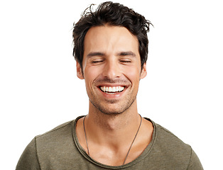 Image showing Smile, confident and young man in a studio with positive, good and happiness attitude for optimism. Excited, calm and male model from Canada with dreaming face expression isolated by white background