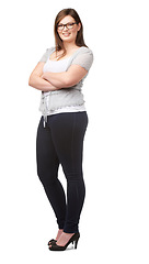 Image showing Fashion, portrait and woman with body positivity, smile and glasses isolated on white background. Cool style, happiness and confident plus size model with arms crossed, pride and inclusion in studio.