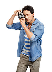 Image showing Handsome man, photographer and camera for picture moment, shot or capture against a white studio background. Male person in photoshoot or photography for memory, vlog or social media on mockup space