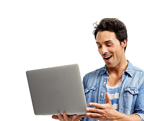 Image showing Man, laptop and surprise for notification, studio and winner of online competition by white background. Male person, technology and shock for announcement, reading and happy with information or web