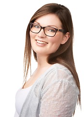 Image showing Portrait, smile and glasses for vision with a woman in studio isolated on a white background for optometry. Face, eyewear and a happy young person with prescription frame lenses for optical eyesight