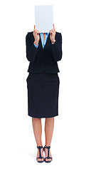 Image showing Woman, mockup and poster in studio for information news, communication or business sale. Female person, board and hiding face as corporate worker for about us contact, signage on white background