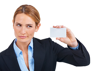 Image showing Woman, business card and mockup in studio for company information, contact details on white background. Female person, blank paper and hand or thinking as corporate, professional or entrepreneur sale