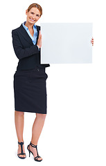 Image showing Woman, portrait and poster mockup in studio for communication news, information or business contact. Female person, board and advertising as corporate worker for about us, signage on white background
