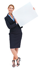 Image showing Woman, portrait and poster mockup in studio for information news, communication or business sale. Female person, board and advertising as corporate worker or about us, signage on white background
