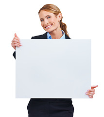Image showing Woman, portrait and poster mockup in studio or billboard announcement, communication or information. Female person, contact details and corporate worker news or about us, signage on white background