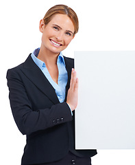 Image showing Woman, portrait and poster mockup in studio for announcement, communication or news information. Female person, board and contact detail as corporate worker for about us signage on white background