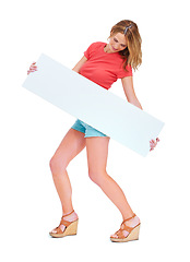 Image showing Woman, poster mockup and studio for announcement news, information space or fashion sale. Female person, billboard and white background or communication for advertising, about us contact or show sign