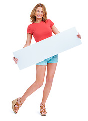 Image showing Woman, portrait and poster mockup in studio for announcement news, information space or fashion sale. Female person, face and billboard or white background for communication, advertising or about us