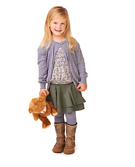 Image showing Portrait, smile and girl with teddy bear, kid and happiness isolated on a white studio background. Person, mockup space and childhood with toy, break and cheerful with joy, adorable and toddler