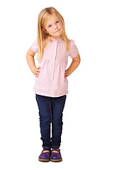 Image showing Fashion, cute and portrait of child in studio with stylish, cool and trendy outfit for kids. Happy, sweet and full body of young girl model with casual style and positive attitude by white background