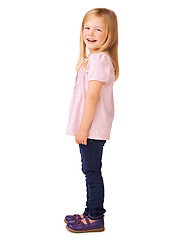 Image showing Fashion, smile and portrait of child in studio with stylish, cool and trendy outfit for kids. Happy, cute and full body of young girl model with casual style and positive attitude by white background