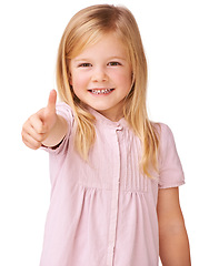 Image showing Thumbs up, smile and portrait of child in a studio with positive, good and confident attitude. Happy, young and girl kid with approval, agreement or satisfaction hand gesture by white background.