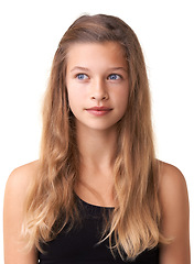 Image showing Studio hair care and teen child thinking of facial cosmetics, hairstyle and youth with natural texture growth. Beauty choice, grooming or gen z girl planning haircut routine idea on white background