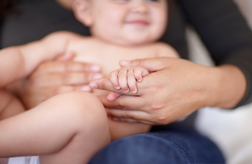 Image showing Mother, baby and newborn for relax or love with development, nurture and bonding in nursery of home. Family, woman and infant with peace, support and happy for trust, care and motherhood in house