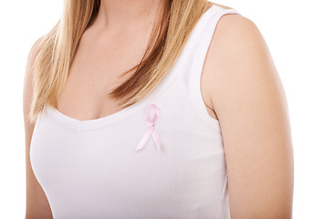 Image showing Woman, pink and ribbon for breast cancer, support or raise awareness against a white studio background. Closeup of female person or blonde with symbol, bow or band for voice, start or launch campaign