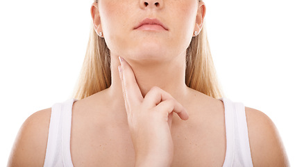 Image showing Woman, neck and checking pulse rate, beat or health and wellness against a white studio background. Closeup of female person or model finger in cardiovascular, heart or blood pressure test on mockup