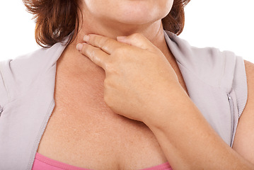 Image showing Woman, pulse and checking with fingers on neck, white background and hand in closeup. Mature person, heart rate and measure cardiovascular wellness in studio, vitality and monitor heartbeat or health