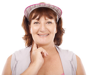 Image showing Woman, pulse and portrait or checking by neck, fingers and wellness or smile by white background. Mature person, face and measuring cardiovascular health in studio, vitality and monitor heart beat