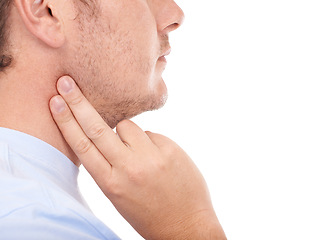 Image showing Man, hand and checking pulse rate, beat or health and wellness against a white studio background. Closeup of male person finger touching neck in cardiovascular, heart or blood pressure test on mockup