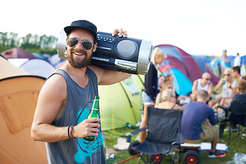 Image showing Music festival, alcohol and man with boombox outdoors for social party, celebration and camp event. Happy, excited and person with beer or beverage at musical concert for freedom, vacation and radio