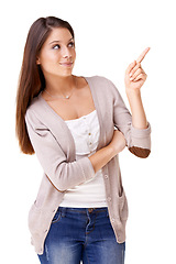 Image showing News, announcement and woman with hand pointing in studio for promotion on white background. Feedback, review and female model show menu direction, step or competition, prize or giveaway information