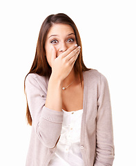 Image showing Gossip, surprise and hand on face of woman with omg news in studio for announcement on white background. Emoji, drama or model portrait shocked by secret, story or deal, offer or competition giveaway