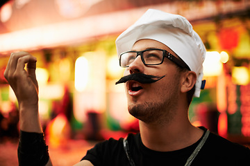 Image showing Face, thinking or hand gesture with a man in a chef costume at a festival for a celebration event. Idea, expression and a confident young person at an outdoor carnival for a show or performance