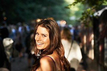 Image showing Happy woman, portrait and outdoor music festival with crowd for party, event or DJ in nature. Face of female person smile and enjoying sound or audio at carnival, concert or performance outside