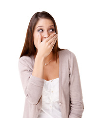 Image showing Gossip, wow and hand on face of woman with surprise news in studio for announcement on white background. Emoji, drama and female model shocked by secret, story or deal, offer or competition giveaway