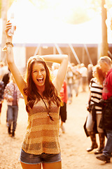 Image showing Outdoor sunshine, music festival portrait and excited woman scream, happiness and celebrate at social event. Lens flare, summer heat and girl energy, celebration and happy for concert performance