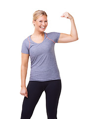 Image showing Woman, portrait and flex or smile in studio for fitness, wellness or workout progress and sportswear. Person, face or arm and strength or training for weight loss and healthy body on white background