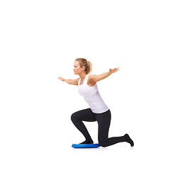 Image showing Woman, fitness and balance exercise for workout, training or practice against a white studio background. Active female person or athlete in sports, pilates or activity for healthy wellness on mockup