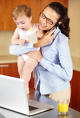 Image showing Mother, baby and phone call on laptop for work from home, business planning and multitasking in kitchen. Single mom, woman or freelancer talking on mobile and computer for communication and childcare