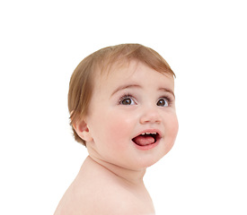 Image showing Baby, happy and surprise in studio or white background isolated or childhood development, relax youth or mockup space. Kid, wow and excited for positive mood or curiosity, expression or mouth open