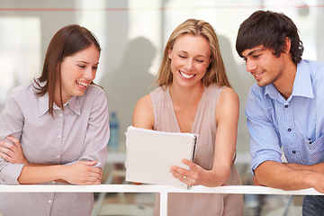 Image showing Business people, manager and teamwork with documents for advice, reading proposal and feedback on project. Creative employees, man and woman with paperwork, planning and happy for portfolio or report