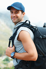 Image showing Man, portrait and hiking or exercise for health, adventure and trekking in nature, outdoor and travel. Male person, journey and freedom or smile, cardio and workout on vacation or holiday in Mexico