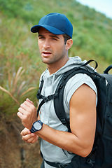 Image showing Man, hiking and fitness or exercise in nature, adventure and trekking for health, outdoor and travel. Male person, journey and freedom or active, cardio and workout on vacation or holiday in Mexico