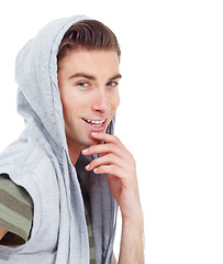 Image showing Portrait, smile and fashion with a young man in studio isolated on a transparent background for streetwear. Face, happy and hoodie with a person in a sweater for trendy style or casual clothing