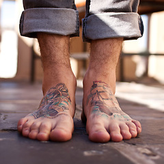Image showing Person, feet and tattoo design for creative artist or illustration on skin for unique personality, edgy or cool. Toes, foot and drawing for trendy rocker ink as alternative metal, identity or culture