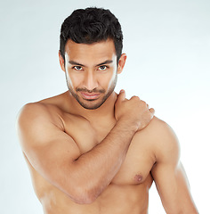 Image showing Skincare, body and portrait of asian man in studio for wellness, cosmetics or treatment on white background. Beauty, face and muscular model with hand on shoulder for smooth skin dermatology results