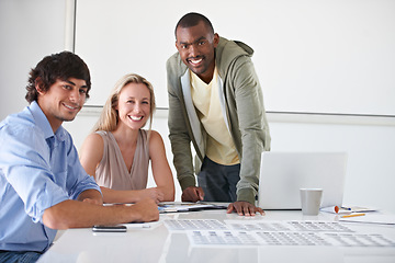 Image showing Portrait, business people and internet with a laptop, teamwork and collaboration with planning, meeting and partnership. Staff, men or women with a computer, cooperation or project with tech or group