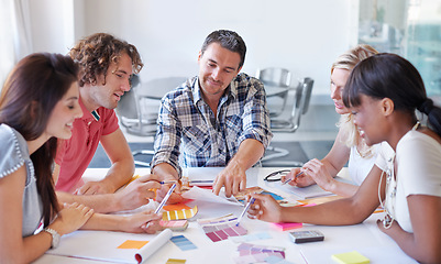 Image showing Teamwork, creative and business people on color swatches, brainstorming and decision in meeting, cooperation and collaboration in office startup. Happy group, designer and planning palette together