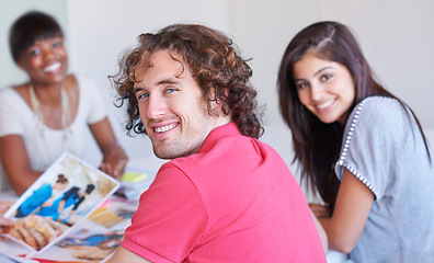 Image showing Portrait, team and smile of business man in meeting, cooperation or collaboration together in startup. Happy face, diversity and young creative group of professional designers coworking in office