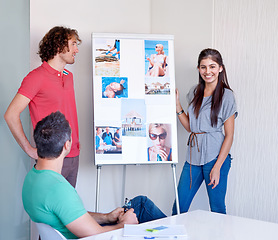 Image showing Creative, woman and portrait with whiteboard in presentation for brainstorming, planning or design of magazine. Female, presenter, idea and picture for writing, piece or article in modern office