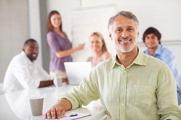Image showing Presentation meeting, business portrait and mature happy man, team or staff leader with sales pitch, proposal or ideas. Startup project planning, boss and manager with employees brainstorming plan