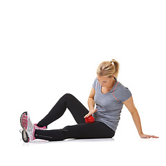 Image showing Woman, massage ball and healing injury in studio, care and health or wellness by white background. Female person, athlete and physical therapy or rehabilitation for muscles in legs and body in mockup