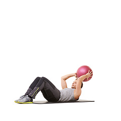 Image showing Man, medicine ball and sit up for workout fitness in studio on white background for mockup space, health or strength. Male person, sports equipment and training mat, target stomach muscle or wellness