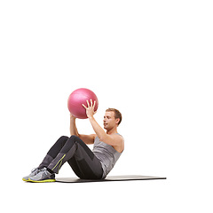 Image showing Man, medicine ball and gym sit up or workout in studio on white background for mockup space, healthy or strength. Male person, sports equipment and training mat, target stomach muscle or wellness